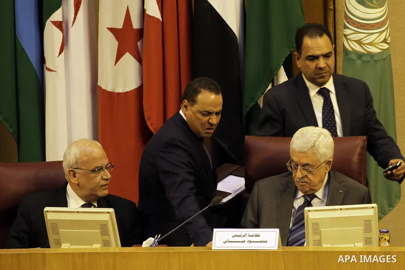 Saeb Erakat, top Palestinian negotiator, and Palestinian President Mahmoud Abbas attend the 142nd Arab League Foreign Ministers' meeting at the League's headquarters in Cairo, Egypt, 07 September 2014. According to media...