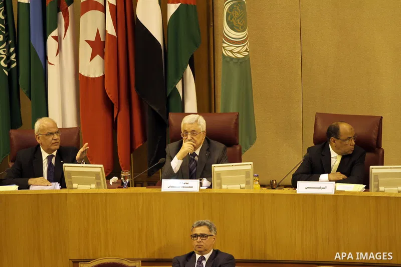 Saeb Erakat, top Palestinian negotiator, and Palestinian President Mahmoud Abbas attend the 142nd Arab League Foreign Ministers' meeting at the League's headquarters in Cairo, Egypt, 07 September 2014. According to media...