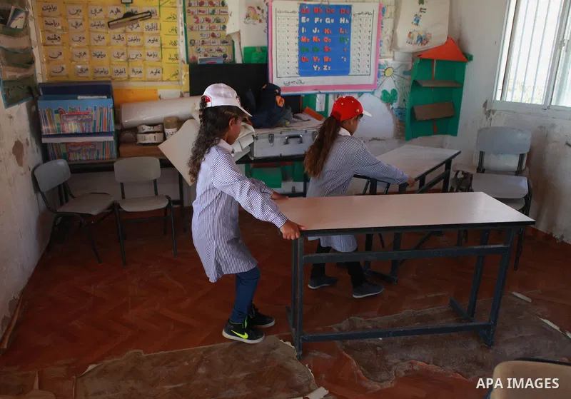 Palestinian Bedouin Students learn at Arab Al-Ka'abneh school in Al-Mu'arrajat area near the West Bank city of Jericho, on Sep. 08, 2014. Dozens of Palestinian children in the ramshackle Bedouin community outside Jerusal...