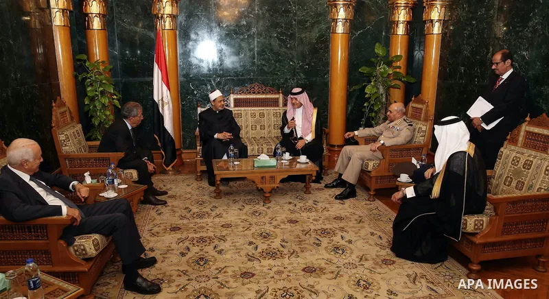 A head of Egypt's Al-Azhar, Sheikh Ahmed el-Tayeb meets with Saudi Foreign Minister Prince Saud al-Faisal in cairo, Egypt on Sep. 08, 2014. Photo by Mohammed Bendari
