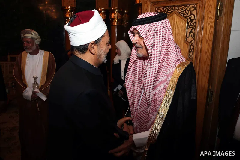 A head of Egypt's Al-Azhar, Sheikh Ahmed el-Tayeb meets with Saudi Foreign Minister Prince Saud al-Faisal in cairo, Egypt on Sep. 08, 2014. Photo by Mohammed Bendari