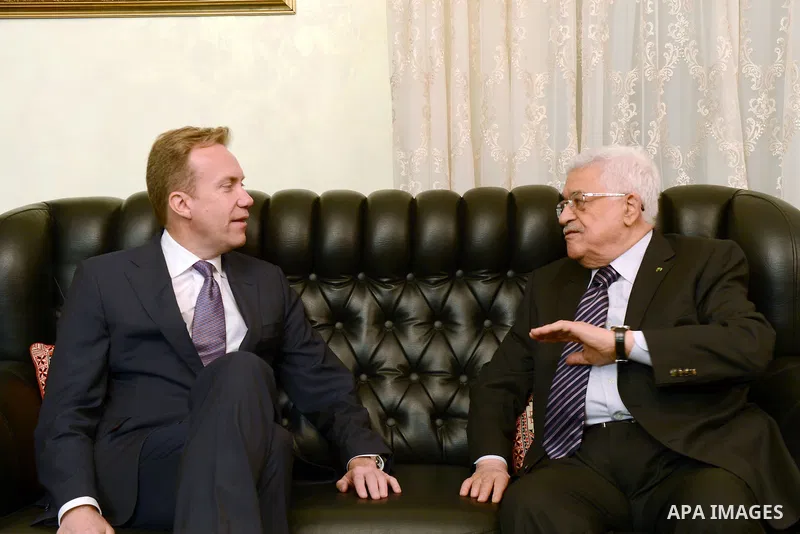 Palestinian President Mahmoud Abbas meets with Norwegian Foreign Minister Borge Brende in the West Bank city of Ramallah on Sep. 08, 2014. Briand is the first Minister visited Gaza strip after the war. Photo by Mohammed...