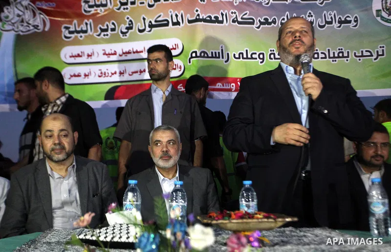 Senior leader of Hamas Ismail Haniyeh attends a public speech during his inspection visit to the Deir al-Balah in the central Gaza Strip, on September 10, 2014. Hamas's exiled deputy leader said Wednesday that indirect t...