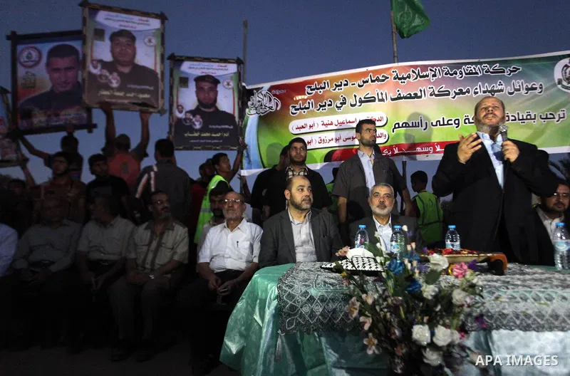 Senior leader of Hamas Ismail Haniyeh attends a public speech during his inspection visit to the Deir al-Balah in the central Gaza Strip, on September 10, 2014. Hamas's exiled deputy leader said Wednesday that indirect t...