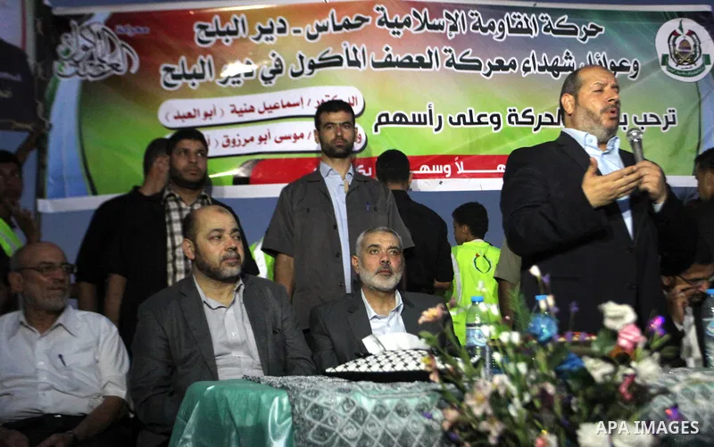 Senior leader of Hamas Ismail Haniyeh attends a public speech during his inspection visit to the Deir al-Balah in the central Gaza Strip, on September 10, 2014. Hamas's exiled deputy leader said Wednesday that indirect t...