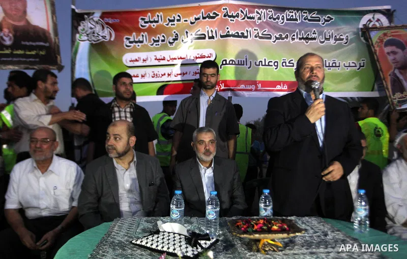 Senior leader of Hamas Ismail Haniyeh attends a public speech during his inspection visit to the Deir al-Balah in the central Gaza Strip, on September 10, 2014. Hamas's exiled deputy leader said Wednesday that indirect t...