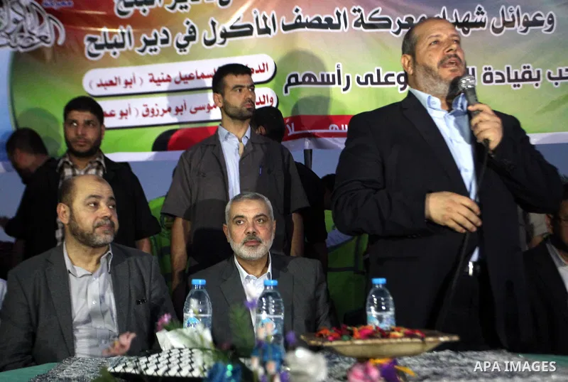 Senior leader of Hamas Ismail Haniyeh attends a public speech during his inspection visit to the Deir al-Balah in the central Gaza Strip, on September 10, 2014. Hamas's exiled deputy leader said Wednesday that indirect t...