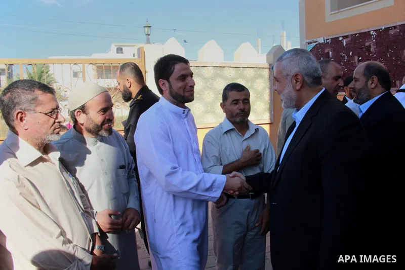 Senior leader of Hamas Ismail Haniyeh gets welcome during his inspection visit to Rafah in the southern Gaza Strip, on September 12, 2014. Hamas's exiled deputy leader said Wednesday that indirect talks with Israel to co...