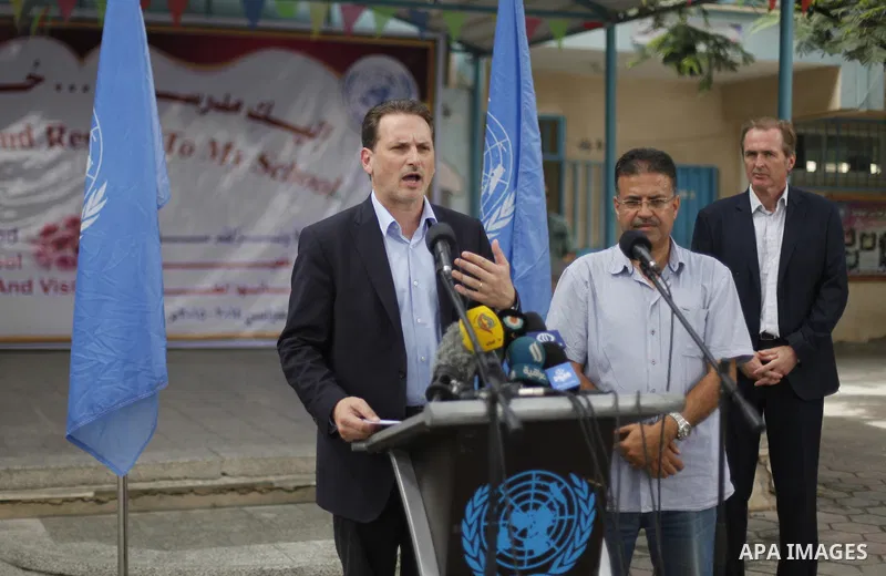 Pierre Krahenbuhl, United Nations Relief and Works Agency (UNRWA) Commissioner-General, speaks to media as he visits a United Nations-run school on the first day of a new school year in Khan Younis in the southern Gaza S...