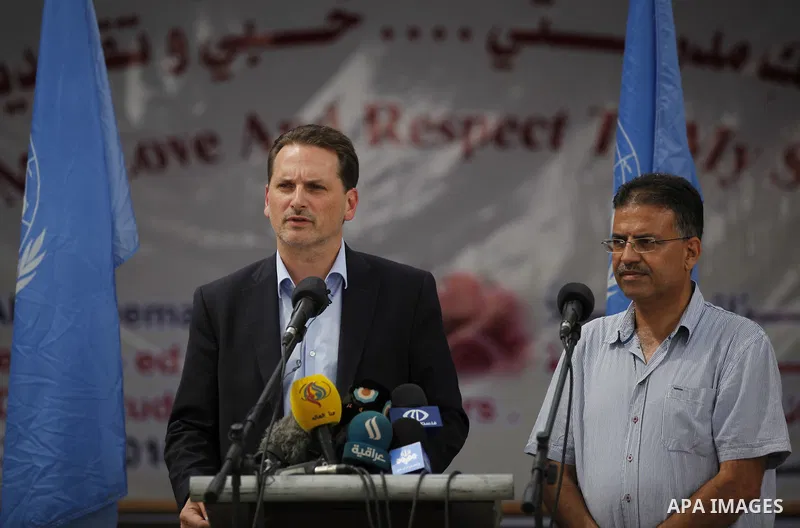 Pierre Krahenbuhl, United Nations Relief and Works Agency (UNRWA) Commissioner-General, speaks to media as he visits a United Nations-run school on the first day of a new school year in Khan Younis in the southern Gaza S...