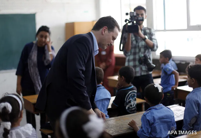 Pierre Krahenbuhl, United Nations Relief and Works Agency (UNRWA) Commissioner-General, visits a United Nations-run school on the first day of a new school year in Khan Younis in the southern Gaza Strip September 14, 201...
