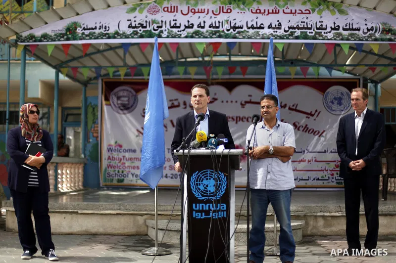 Pierre Krahenbuhl, United Nations Relief and Works Agency (UNRWA) Commissioner-General, speaks to media as he visits a United Nations-run school on the first day of a new school year in Khan Younis in the southern Gaza S...