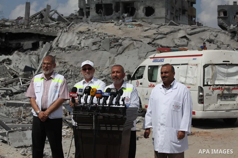 Palestinian director of El-Wafa hospital, Taysser El-Beltagy speaks during a press conference in front of the rubbles of El-Wafa hospital, which witnesses said was destroyed during a seven-week Israeli offensive, in the...