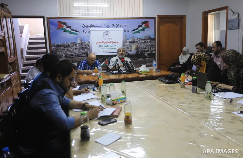 Senior Hamas leader Mahmoud Al-Zahar, speaks during a press conference in Gaza city on Sept. 18, 2014. Photo by Mohammed Asad