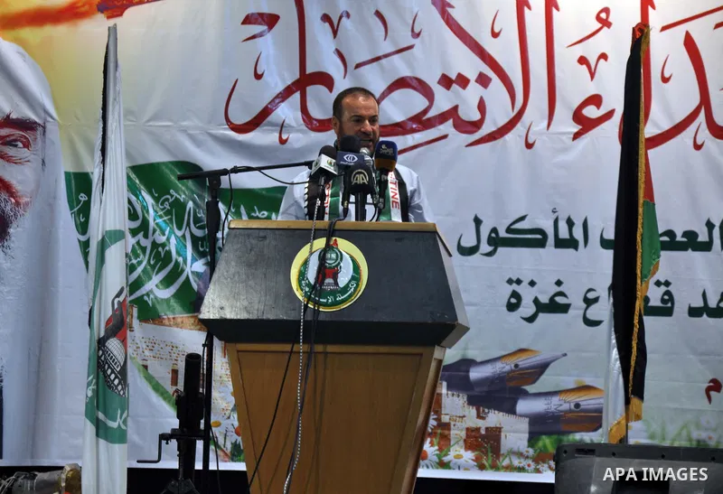 Former Palestinian minister of Interior affairs in Gaza Strip Fathi Hammad, speaks during his honoring ceremony, in Gaza City on Sep. 25, 2014. An open-ended ceasefire between Israel and Hamas-led Gaza militants, mediate...
