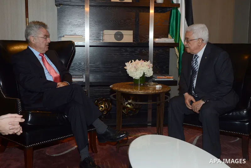 Palestinian President Mahmoud Abbas meets with Austrian President Heinz Fischer on the sidelines of the United Nations General Assembly meeting in New York, USA, 25 September 2014.. Photo by Thaer Ganaim