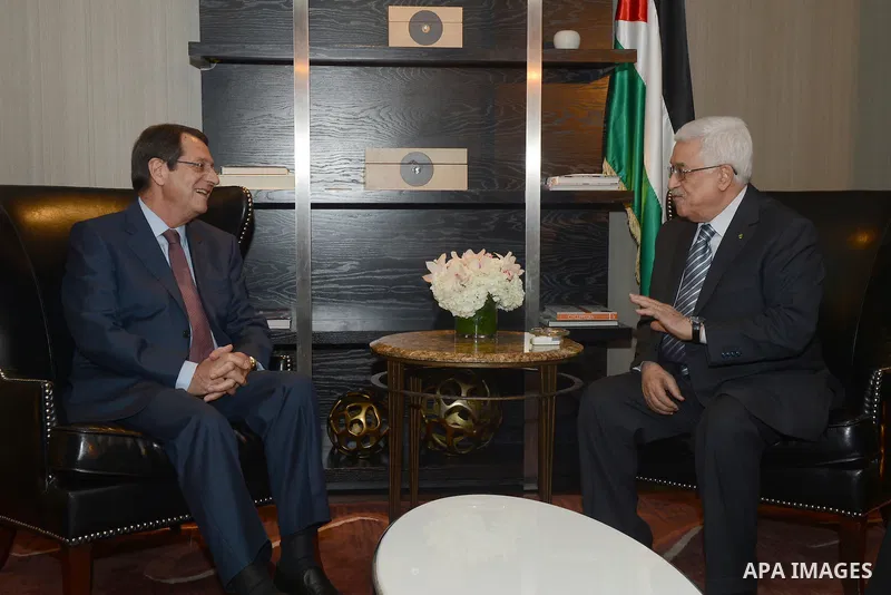 Palestinian President Mahmoud Abbas meets with Cypriot President Nicos Anastasiades on the sidelines of the United Nations General Assembly meeting in New York, USA, 25 September 2014. Photo by Thaer Ganaim