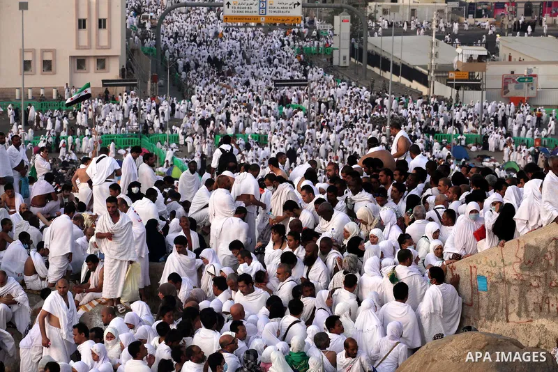 Muslim pilgrims gather on Mount Arafat, near Mecca, as they take part in one of the Hajj rituals on October 3, 2014. The pilgrims perform a series of rituals during the annual Hajj. They circumambulate the kaaba seven ti...