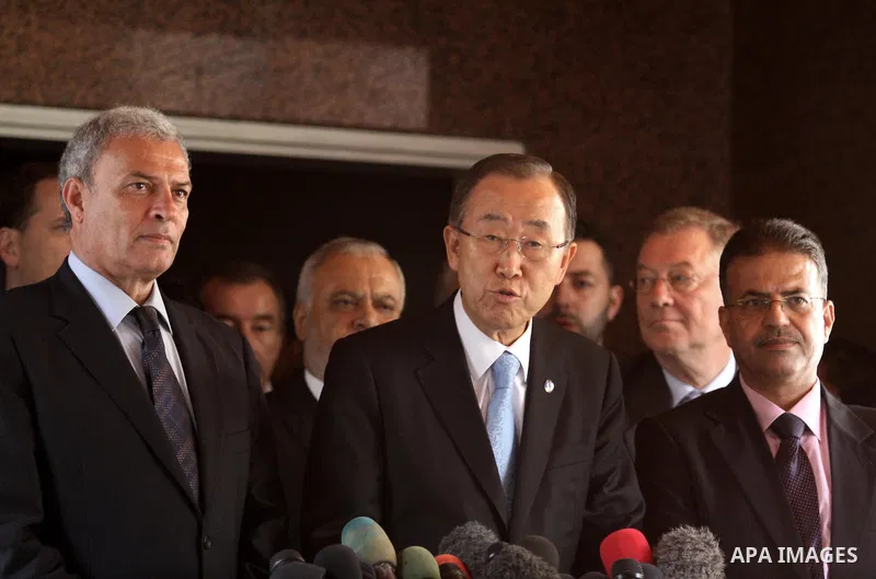 United Nations (UN) Secretary General Ban Ki-moon speaks during a press conference with Palestinian Deputy Prime Minister Ziad Abu-Amr in Gaza City on October 14, 2014. The UN chief's visit to the Gaza Strip came a day a...
