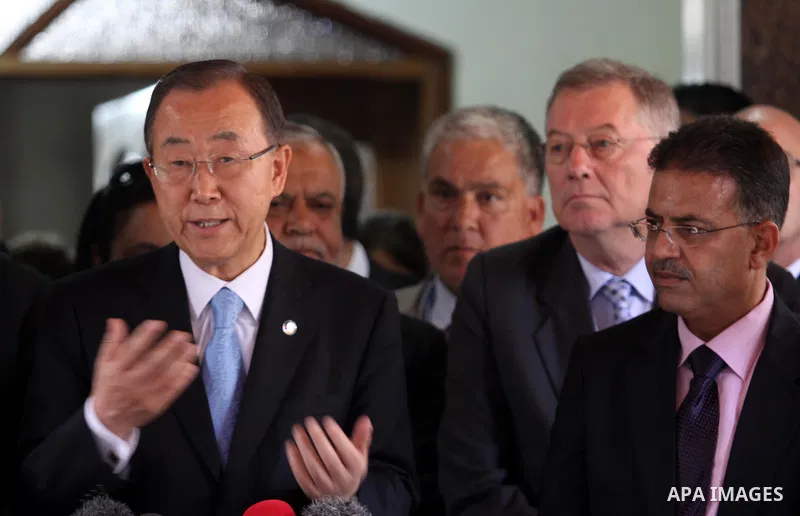United Nations (UN) Secretary General Ban Ki-moon speaks during a press conference with Palestinian Deputy Prime Minister Ziad Abu-Amr in Gaza City on October 14, 2014. The UN chief's visit to the Gaza Strip came a day a...