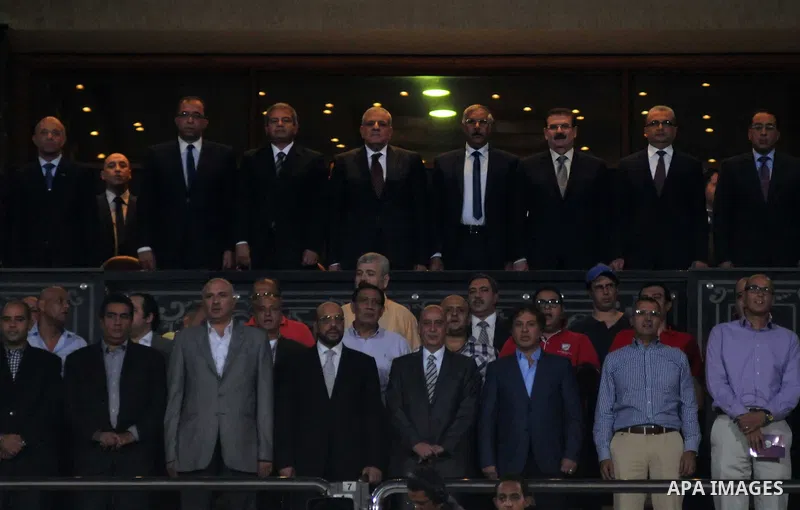 Egyptians gather for a group photo following the qualifying match of 2015 Africa Cup soccer match, in Cairo, capital of Egypt, on Oct. 15, 2014. Egypt won the match with 2-0. Photo by Amr Sayed