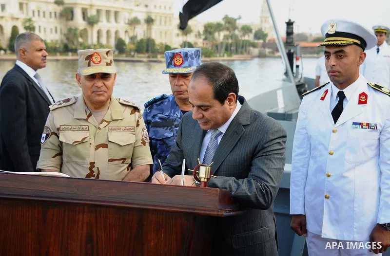 Egypt's President Abdel Fattah al-Sisi attends a Naval exercise in Cairo, Egypt, on October 21, 2014. apaimages/Egyptian Presidency