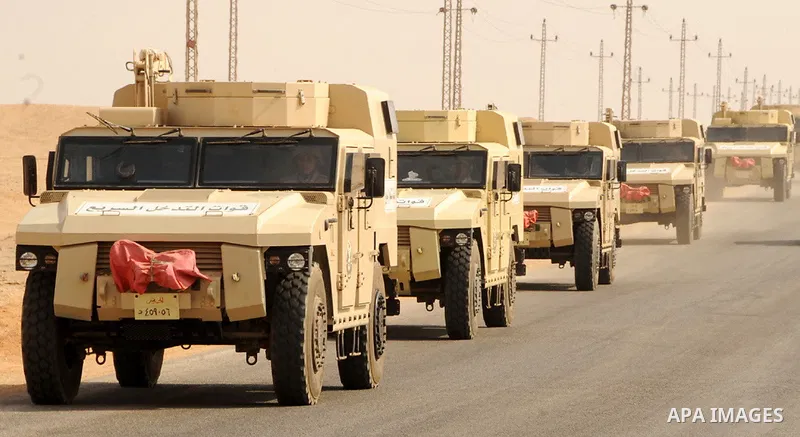 Military vehicles and soldiers of Egyptian Armed Forces are seen as Egypt reinforces its 2. and 3. armies in the Sinai Peninsula, Egypt on October 27, 2014. Pool / Egyptian Armed Forces / apaimages