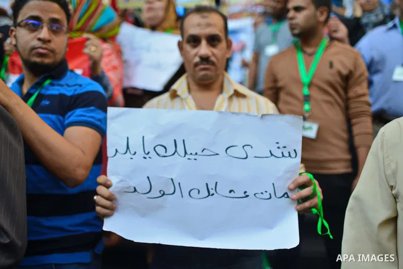 Egyptians hold placards and shout slogans during a rally to show solidarity with Egyptian army and President Abdel Fattah al-Sisi, outside the journalists syndicate, in Cairo on October 29, 2014, as Egypt began setting u...