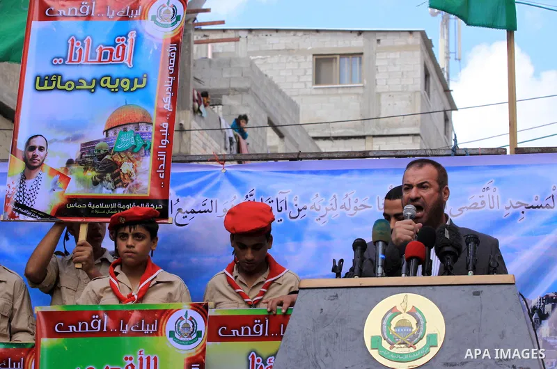Senior Hamas leader Fathi Hammad speaks during a demonstration against Israeli restrictions at the Al-Aqsa Mosque compound, and in solidarity with the people in Jerusalem, in Jabalia in the northern Gaza Strip, October 3...