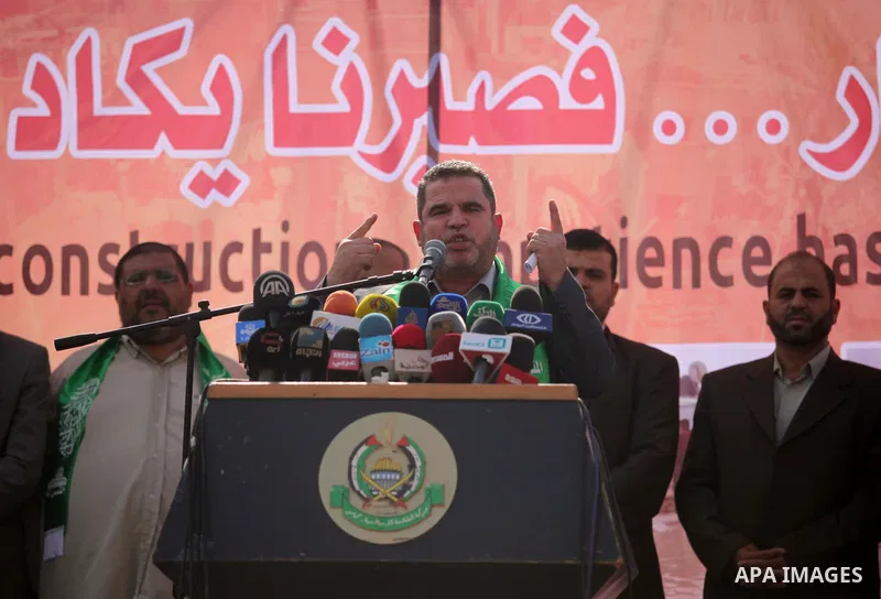 Senior Hamas leader Salah al-Bardawil, speaks during a protest organized by the owners of houses which was destroyed by Israeli shelling during the most recent conflict between Israel and Hamas, calling for reconstructio...