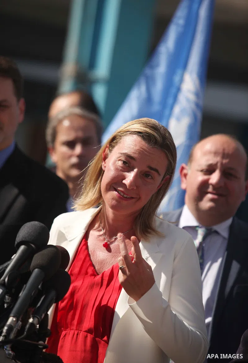 European Union foreign policy chief Federica Mogherini speaks during a press conference during her visiting a UN-run school sheltering Palestinians, whose houses were destroyed during the most recent conflict between Isr...