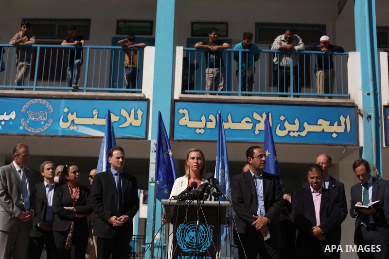 European Union foreign policy chief Federica Mogherini speaks during a press conference during her visiting a UN-run school sheltering Palestinians, whose houses were destroyed during the most recent conflict between Isr...