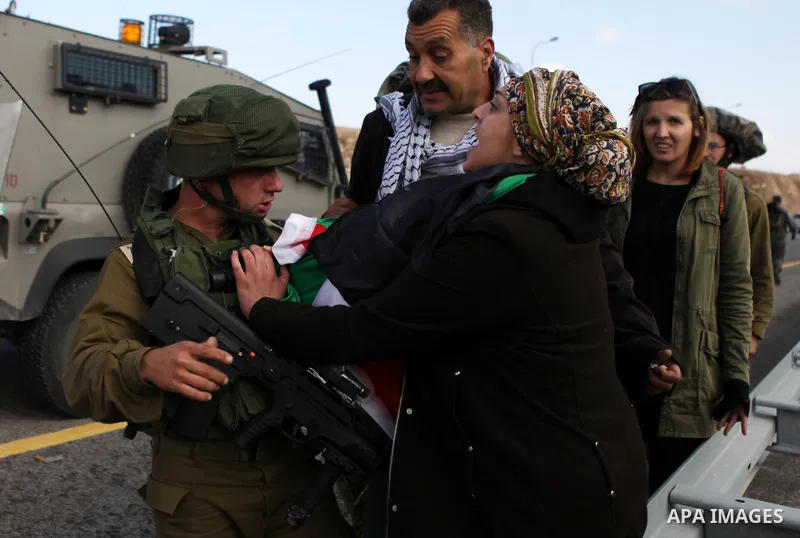 A Palestinian protester holding a Palestinian flag scuffles with Israeli soldiers during clashes following a protest against Jewish settlements, near the West Bank city of Jericho November 28, 2014. Photo by Shadi Hatem