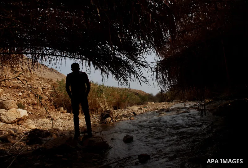 Palestinian man walks beside the water of a natural known as Ein al-Auja near West Bank city of Jericho on November 29, 2014. Photo by Shadi Hatem