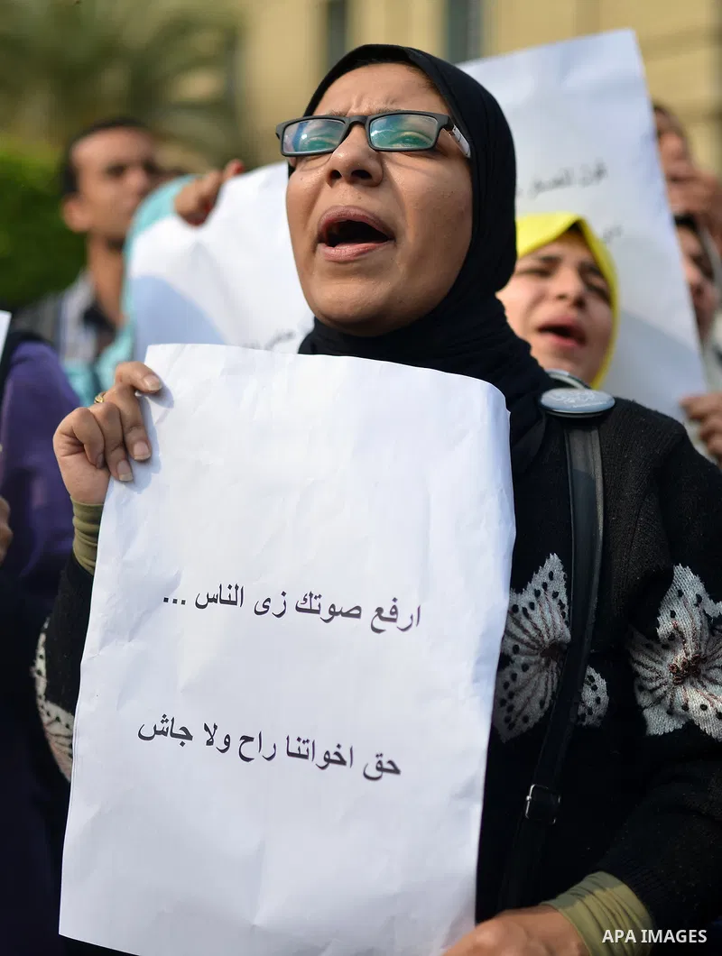 Egyptian anti-Mubarak students chant slogans one day after a court dismissed murder charges against former president Hosni Mubarak at Cairo University, Egypt, 30 November 2014. Two people were killed in clashes between p...