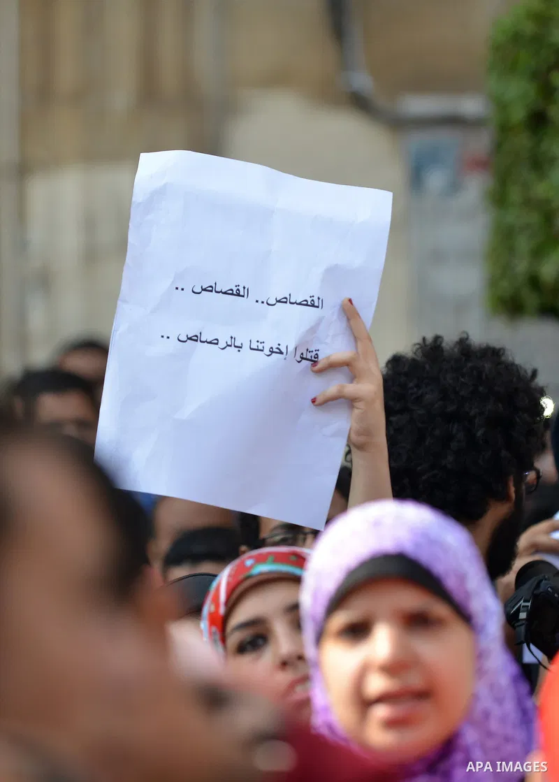 Egyptian anti-Mubarak students chant slogans one day after a court dismissed murder charges against former president Hosni Mubarak at Cairo University, Egypt, 30 November 2014. Two people were killed in clashes between p...