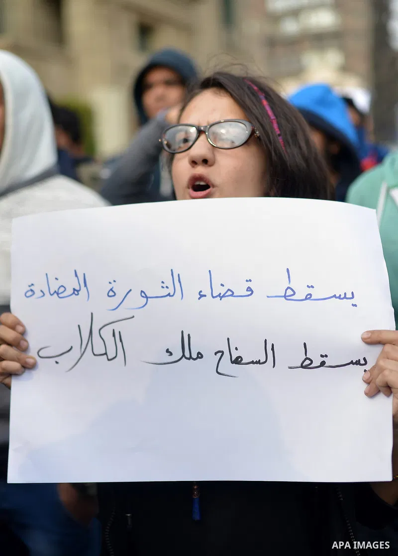 Egyptian anti-Mubarak students chant slogans one day after a court dismissed murder charges against former president Hosni Mubarak at Cairo University, Egypt, 30 November 2014. Two people were killed in clashes between p...