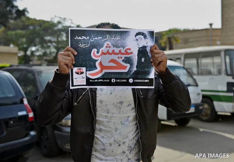 Egyptian students who support Muslim Brotherhood and ousted president Mohammed Morsi, take part in a demonstration to demand for release the detained students, at Cairo University, in Cairo, Dec. 02, 2014. Photo by Amr S...