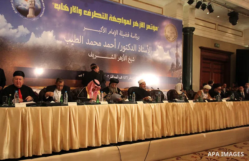Muslim scholars and popes of eastern churches attend the conference "Azhar in the face of terrorism and extremism" in Cairo, December 3, 2014. Grand Imam of Egypt s al-Azhar Institution Ahmed al-Tayeb addressed a two-day...