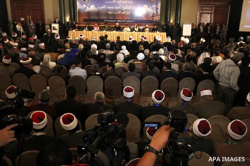 Muslim scholars and popes of eastern churches attend the conference "Azhar in the face of terrorism and extremism" in Cairo, December 3, 2014. Grand Imam of Egypt s al-Azhar Institution Ahmed al-Tayeb addressed a two-day...