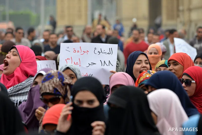 Egyptian students who are members in Students Against the Coup group (SAC), take part in a demonstration against the Cairo Criminal Court's decision to drop charges against former president Hosni Mubarak, at Cairo Univer...