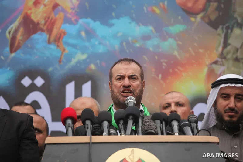 Senior Hamas leader Fathi Hammad, speaks during a rally ahead of the 27th anniversary of the movement founding, in Jabaliya in the northern Gaza Strip December 12, 2014. Photo by Ashraf Amra