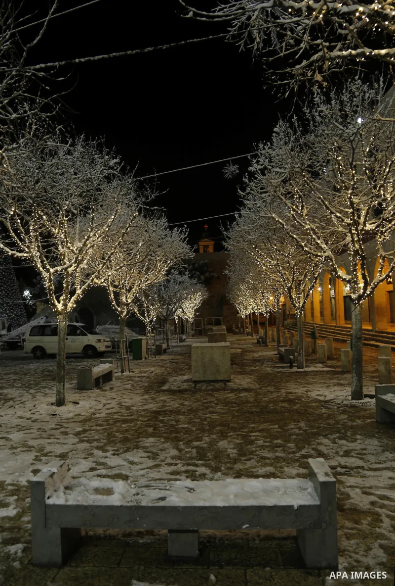 A general view shows snow covers the West Bank city of Bethlehem during a heavy storm January 10, 2015. A storm buffeted the Middle East with blizzards, rain and strong winds on Wednesday, keeping people at home across m...