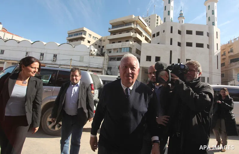 Spanish Foreign Minister, Jose Manuel Garcia-Margallo visits a Gaza city during his tour to the Middle East on 13 January 2014. Margallo visits the Middle East to strengthen bilateral relations with countries in the regi...