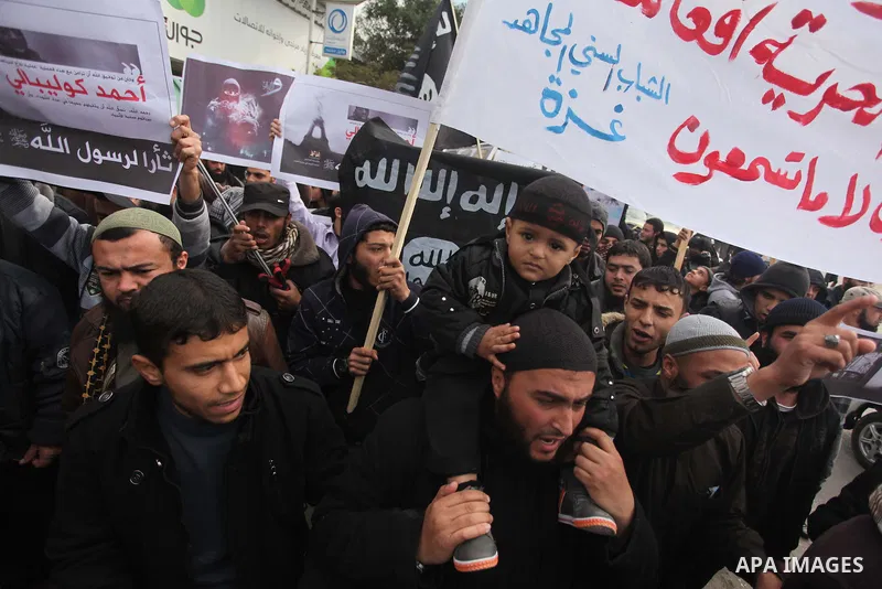 Palestinian Salafists shout during a protest against satirical French weekly magazine Charlie Hebdo's cartoons of the Prophet Mohammad, in Gaza city January 19, 2015. Dozens of Jihadist Salafi men rallied in Gaza on Mond...