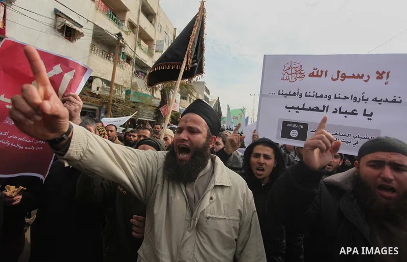 Palestinian Salafists shout during a protest against satirical French weekly magazine Charlie Hebdo's cartoons of the Prophet Mohammad, in Gaza city January 19, 2015. Dozens of Jihadist Salafi men rallied in Gaza on Mond...