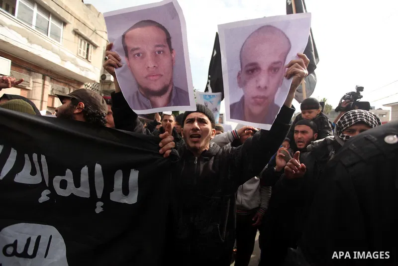 Palestinian Salafists shout during a protest against satirical French weekly magazine Charlie Hebdo's cartoons of the Prophet Mohammad, in Gaza city January 19, 2015. Dozens of Jihadist Salafi men rallied in Gaza on Mond...