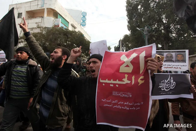 Palestinian Salafists shout during a protest against satirical French weekly magazine Charlie Hebdo's cartoons of the Prophet Mohammad, in Gaza city January 19, 2015. Dozens of Jihadist Salafi men rallied in Gaza on Mond...