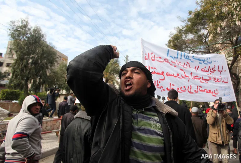Palestinian Salafists shout during a protest against satirical French weekly magazine Charlie Hebdo's cartoons of the Prophet Mohammad, in Gaza city January 19, 2015. Dozens of Jihadist Salafi men rallied in Gaza on Mond...