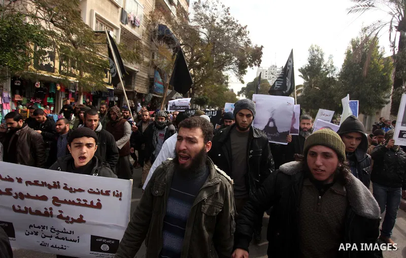 Palestinian Salafists shout during a protest against satirical French weekly magazine Charlie Hebdo's cartoons of the Prophet Mohammad, in Gaza city January 19, 2015. Dozens of Jihadist Salafi men rallied in Gaza on Mond...